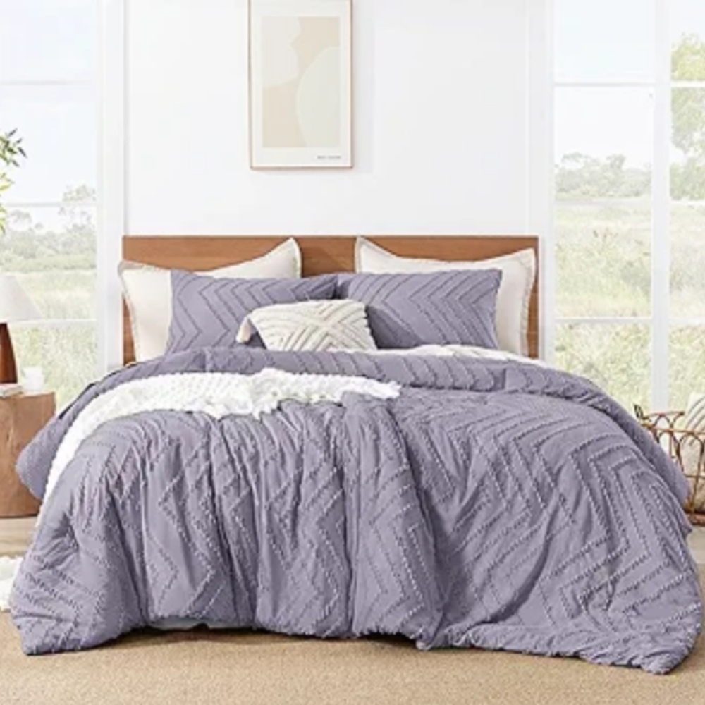 Lavender Gray Chevron Tufted Boho King Size Zigzag Comforter Shams Set Bedding